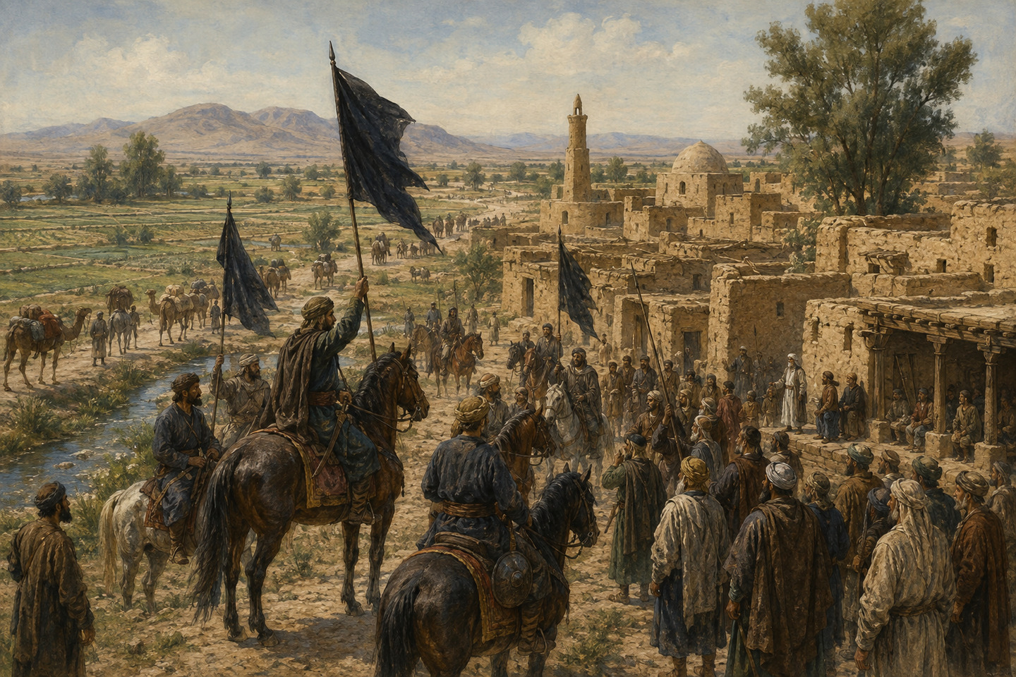 Historical reconstruction of mounted rebels and townspeople gathering under plain black standards in eighth-century Khurasan