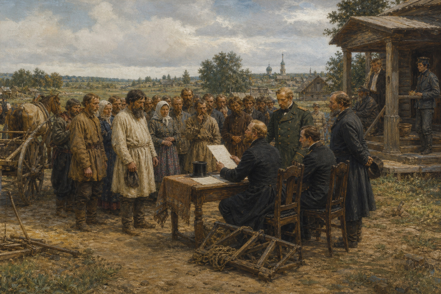 Historical reconstruction of an official reading the emancipation decree to peasants in a Russian village