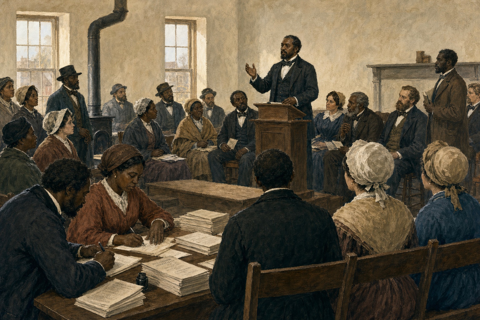 Illustrated reconstruction of petition organizers listening to a Black speaker in a meeting hall