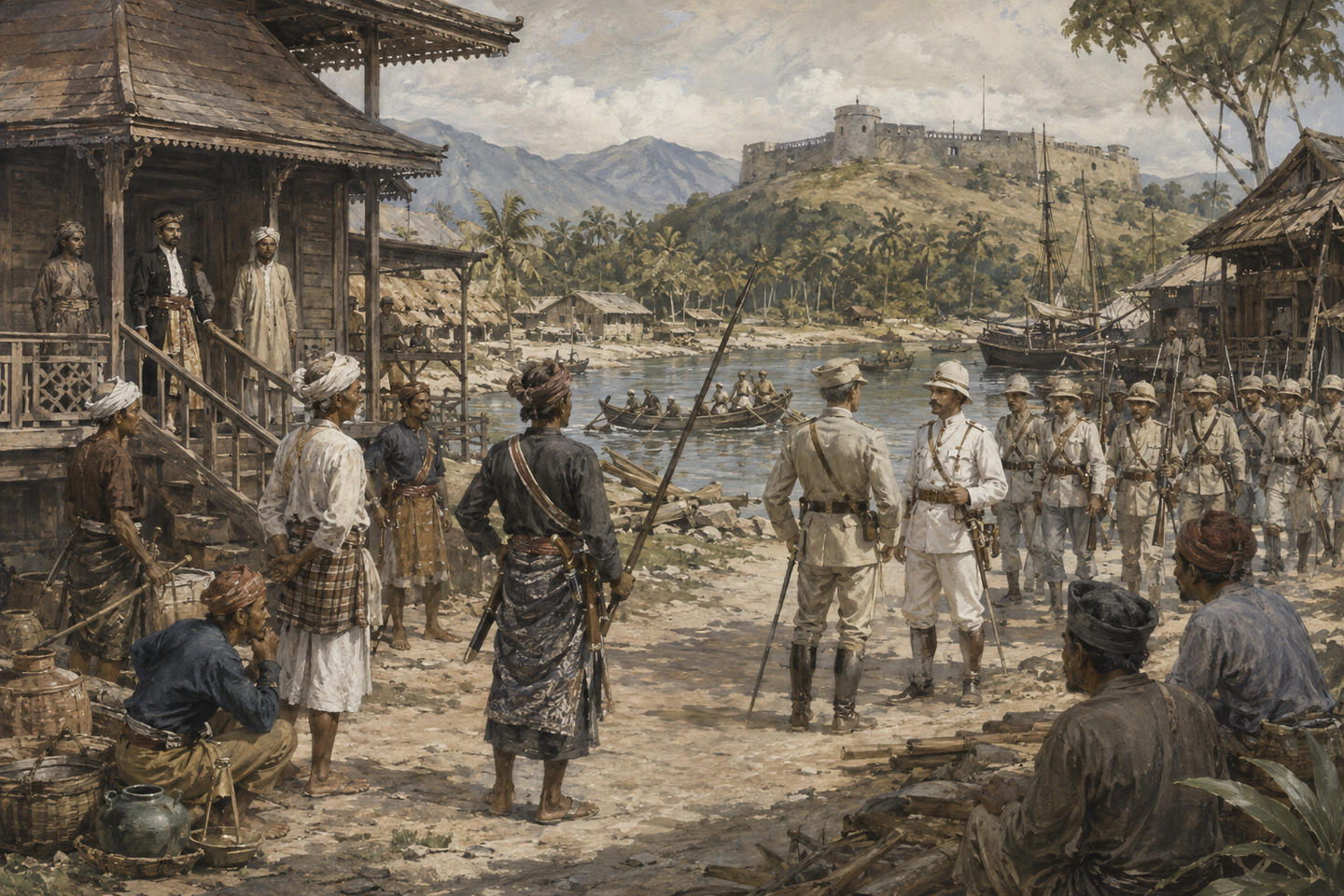 Historical reconstruction of Acehnese fighters confronting Dutch troops beside a riverside settlement