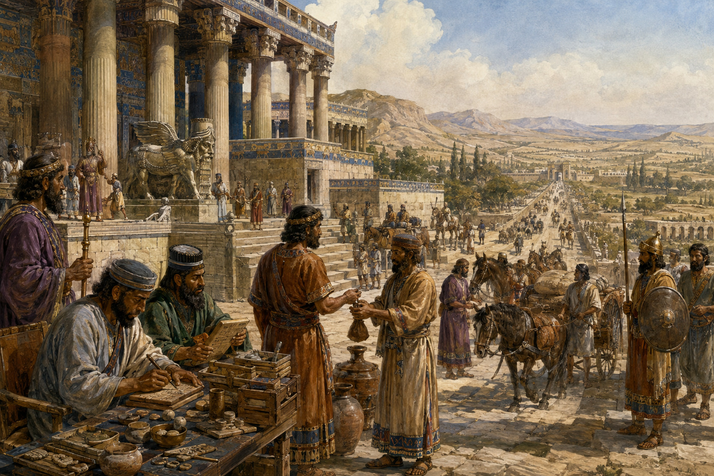 Historical reconstruction of officials, scribes, envoys, and caravans moving through an Achaemenid palace city