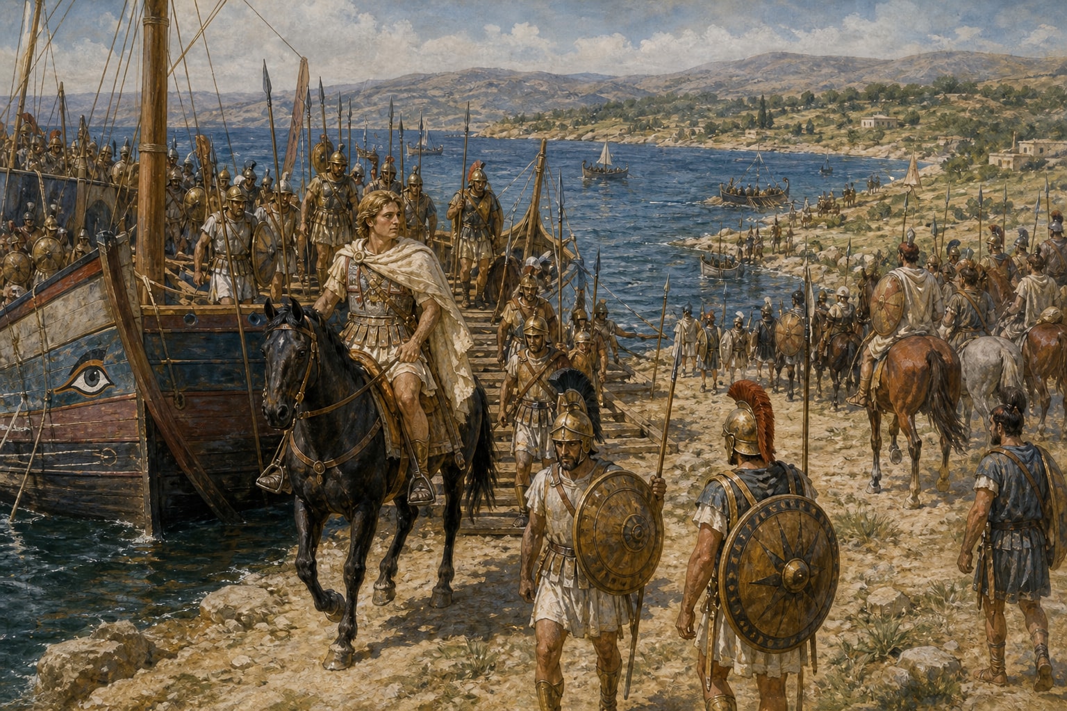 Illustrated reconstruction of the Macedonian army crossing the Hellespont into Asia