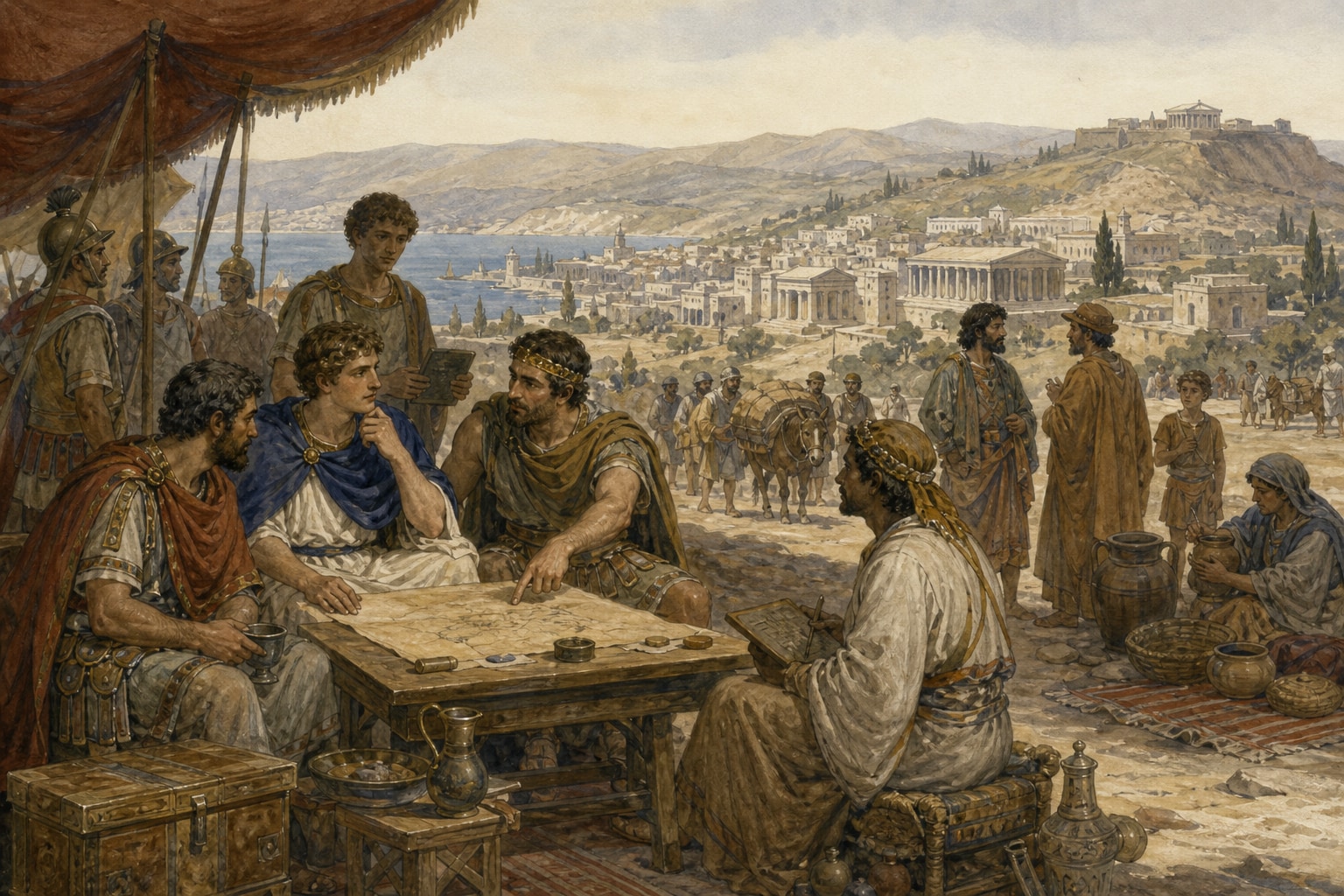 Illustrated reconstruction of successor courts and cities dividing the imperial space from Babylon toward Egypt and the Aegean