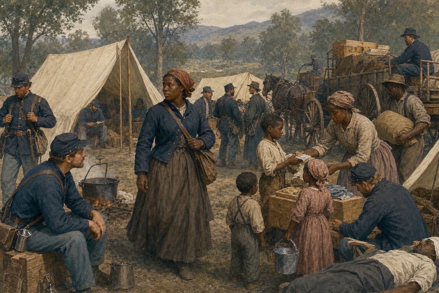 Illustrated reconstruction of a Union camp with soldiers, freed families, and wartime logistics