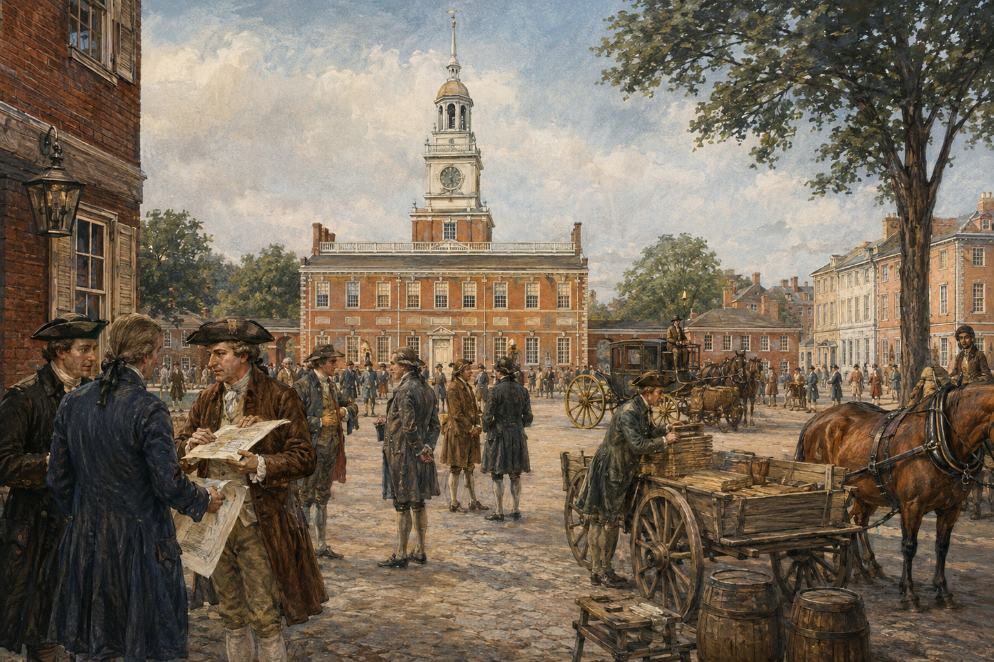 Historical reconstruction of citizens reading the Declaration of Independence in a Philadelphia square