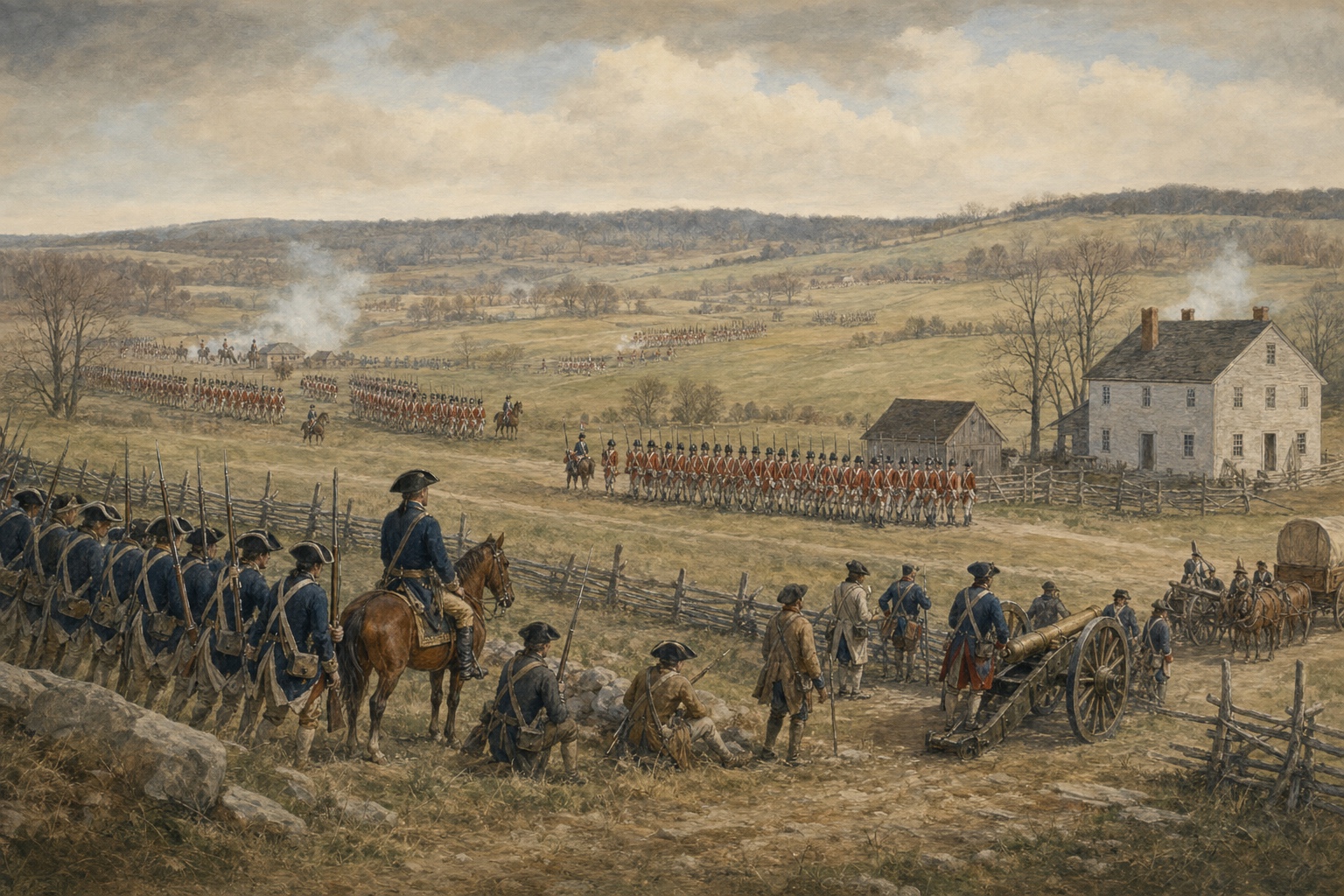 Illustrated reconstruction of British and Continental formations across a rural battlefield