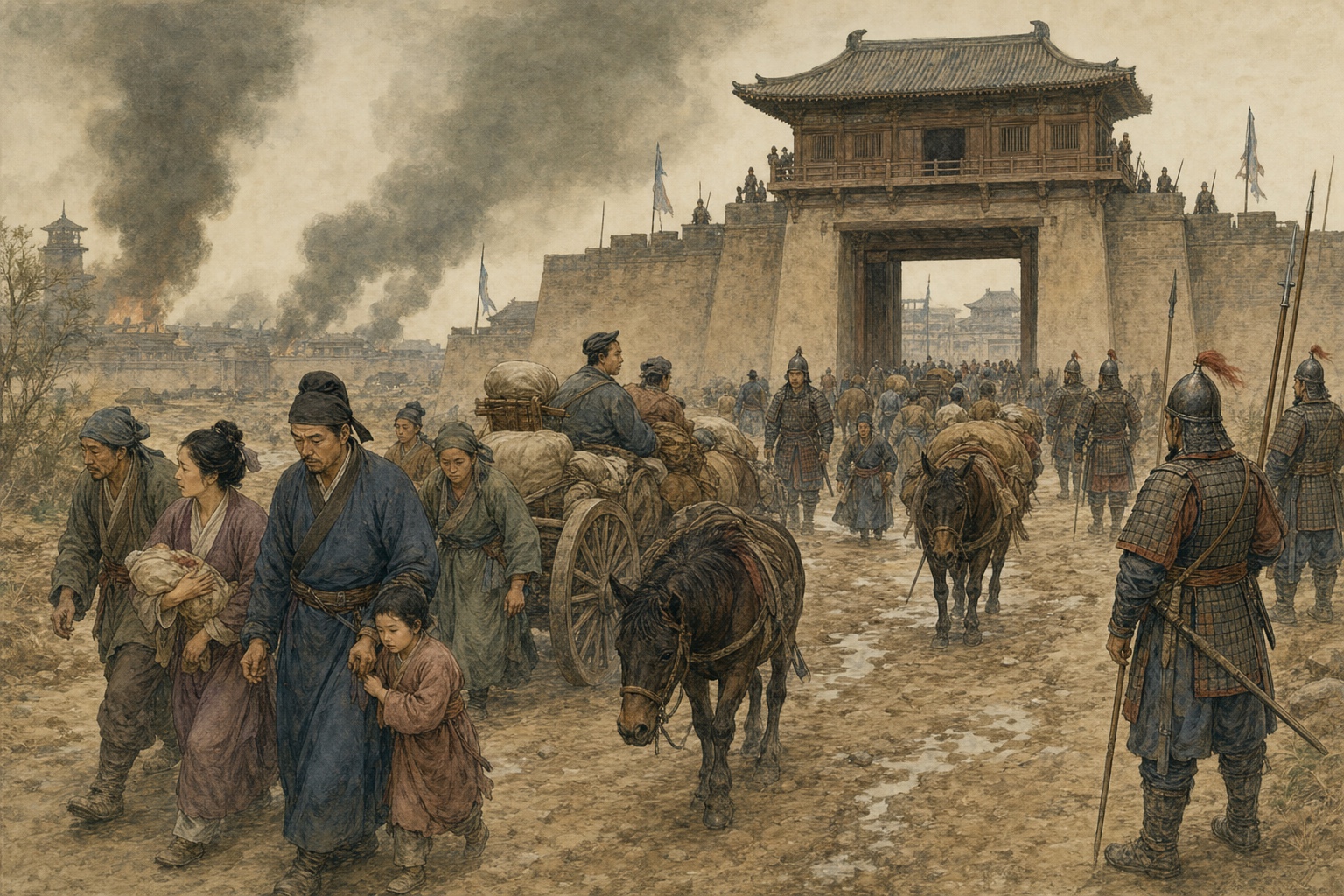 Illustrated reconstruction of Tang-era refugees and soldiers leaving a smoky Chang'an gate