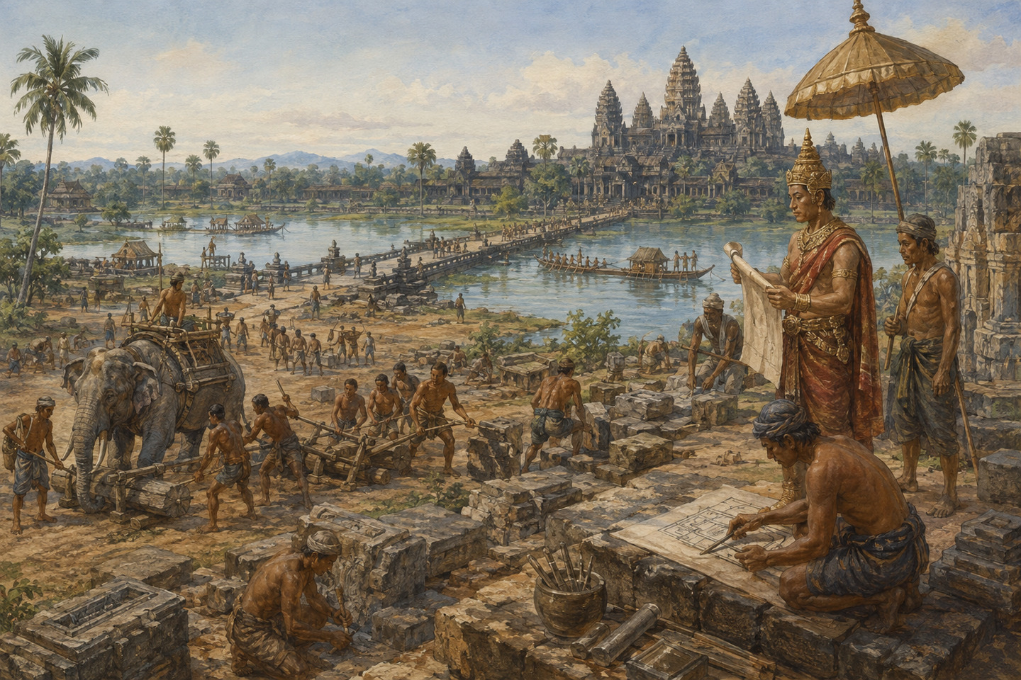 Historical reconstruction of people maintaining canals, rice fields, and stone temples in the Angkorian capital