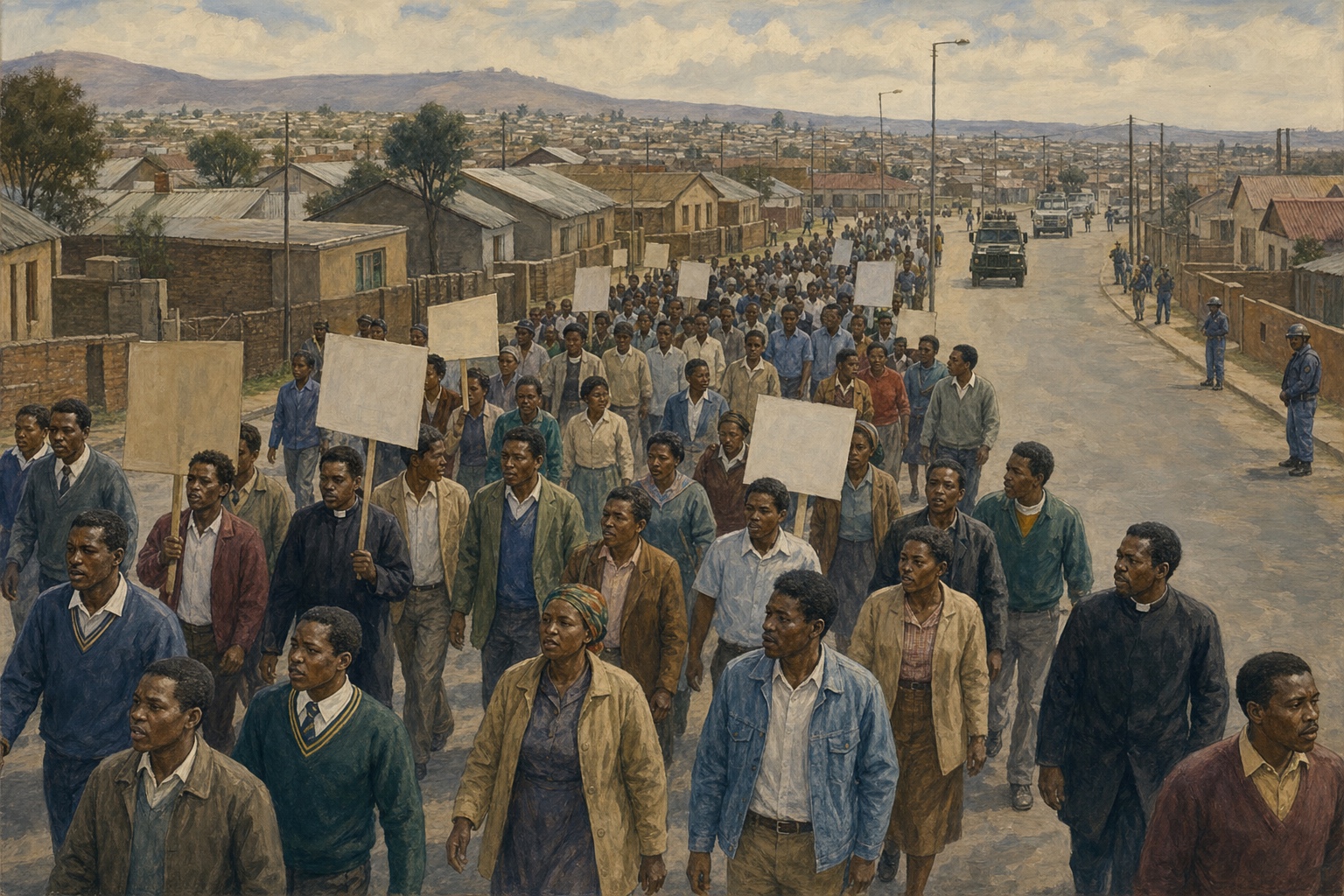 Illustrated reconstruction of a township crowd marching with blank placards past distant police