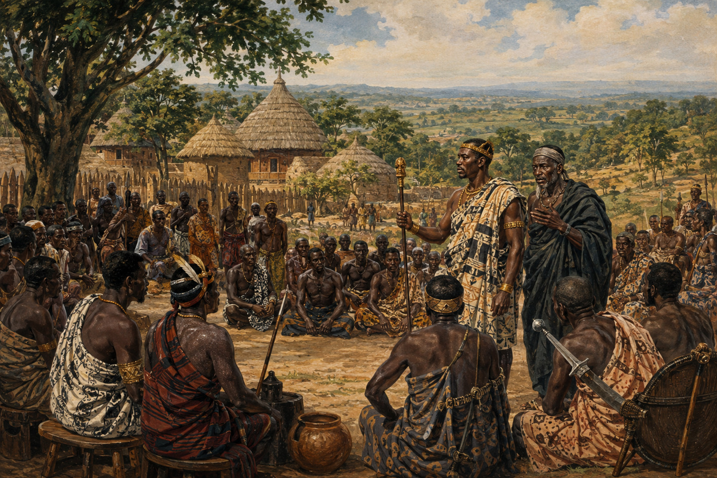 Historical reconstruction of an Ashanti ruler and elders addressing a large assembly in a forest settlement