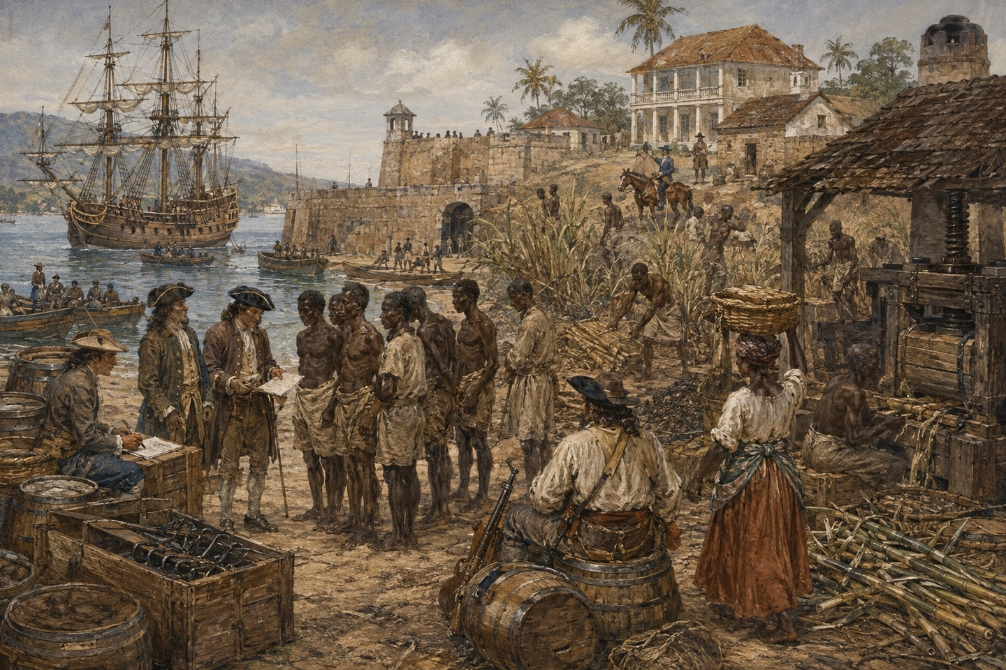Historical reconstruction of European traders confronting captive Africans at a West African coastal trading post