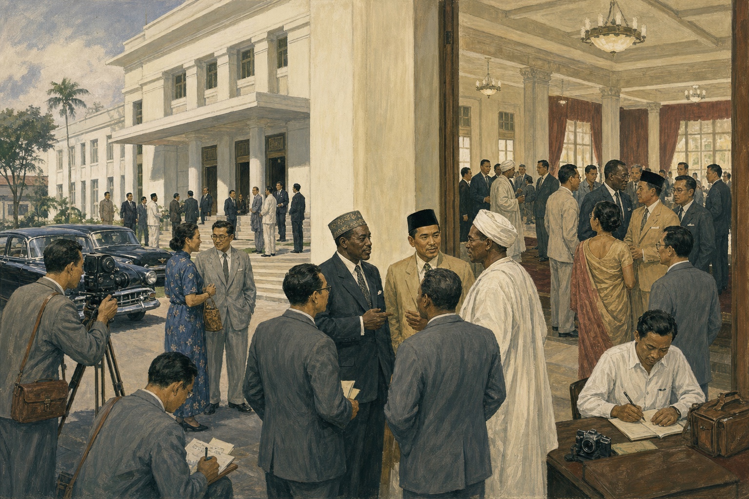 Illustrated reconstruction of Asian and African delegates conversing inside and outside Gedung Merdeka