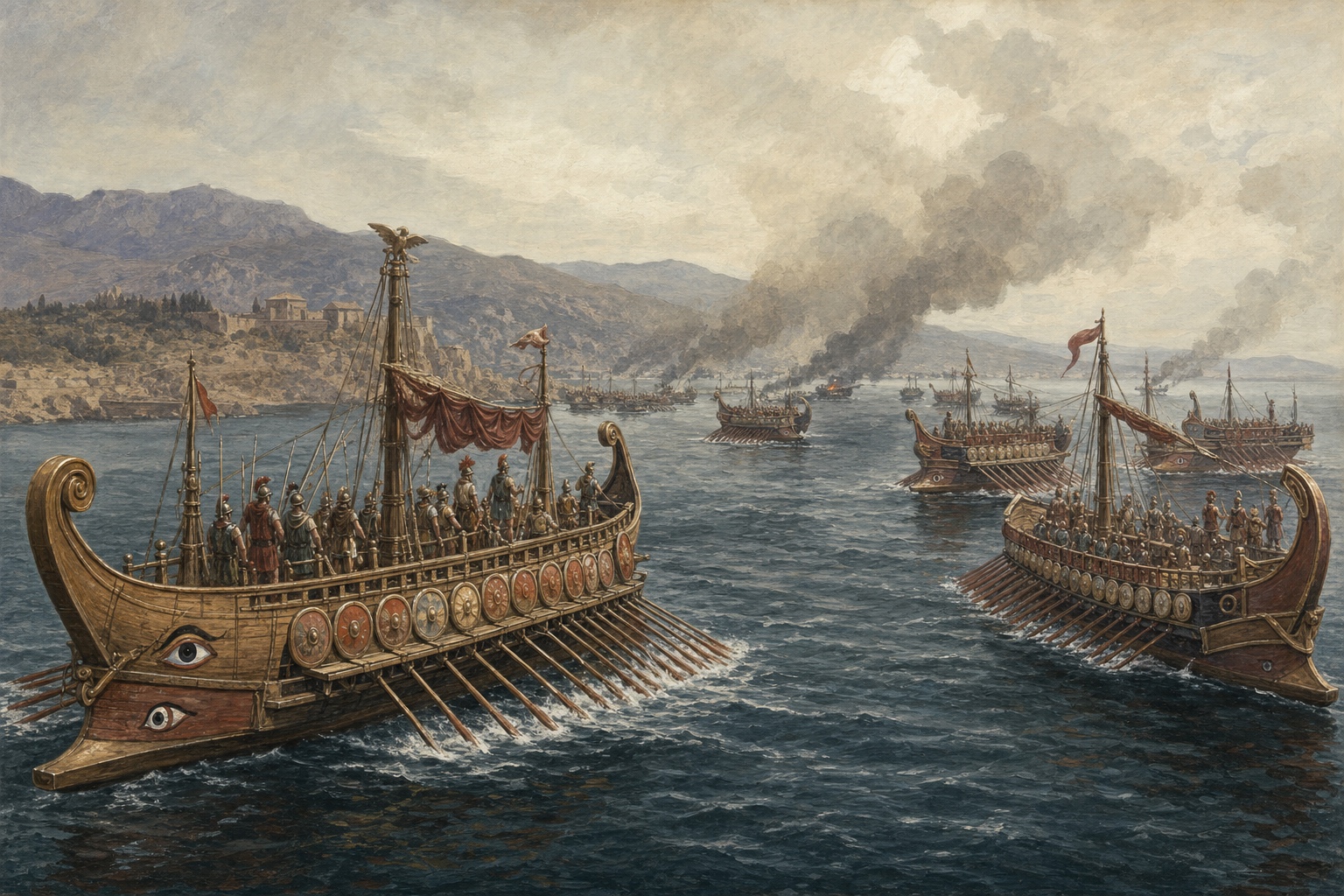 Illustrated reconstruction of oared Roman-era war galleys facing one another off Actium