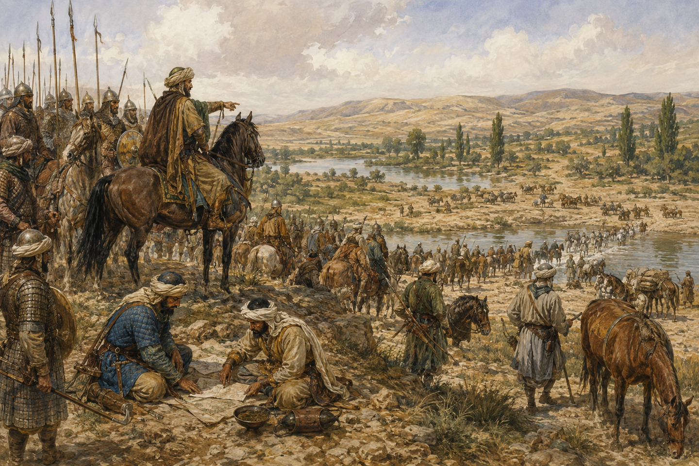 Historical reconstruction of Mamluk cavalry engaging Mongol forces among the hills at Ain Jalut