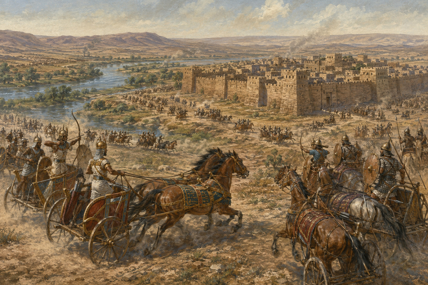 Historical reconstruction of Egyptian and Hittite chariots and infantry fighting before the walls of Kadesh