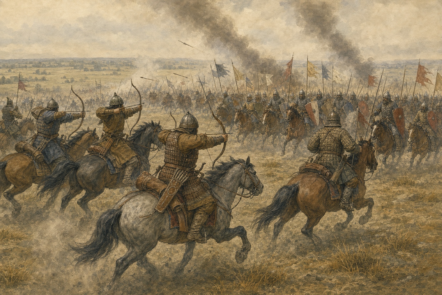 Illustrated reconstruction of Mongol horse archers and European forces maneuvering across a smoky plain