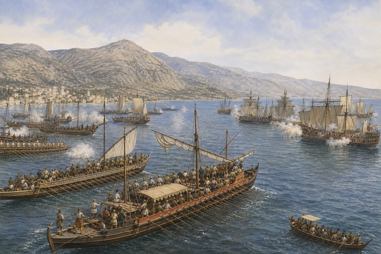Illustrated reconstruction of Holy League and Ottoman galleys engaging in the Gulf of Patras in 1571