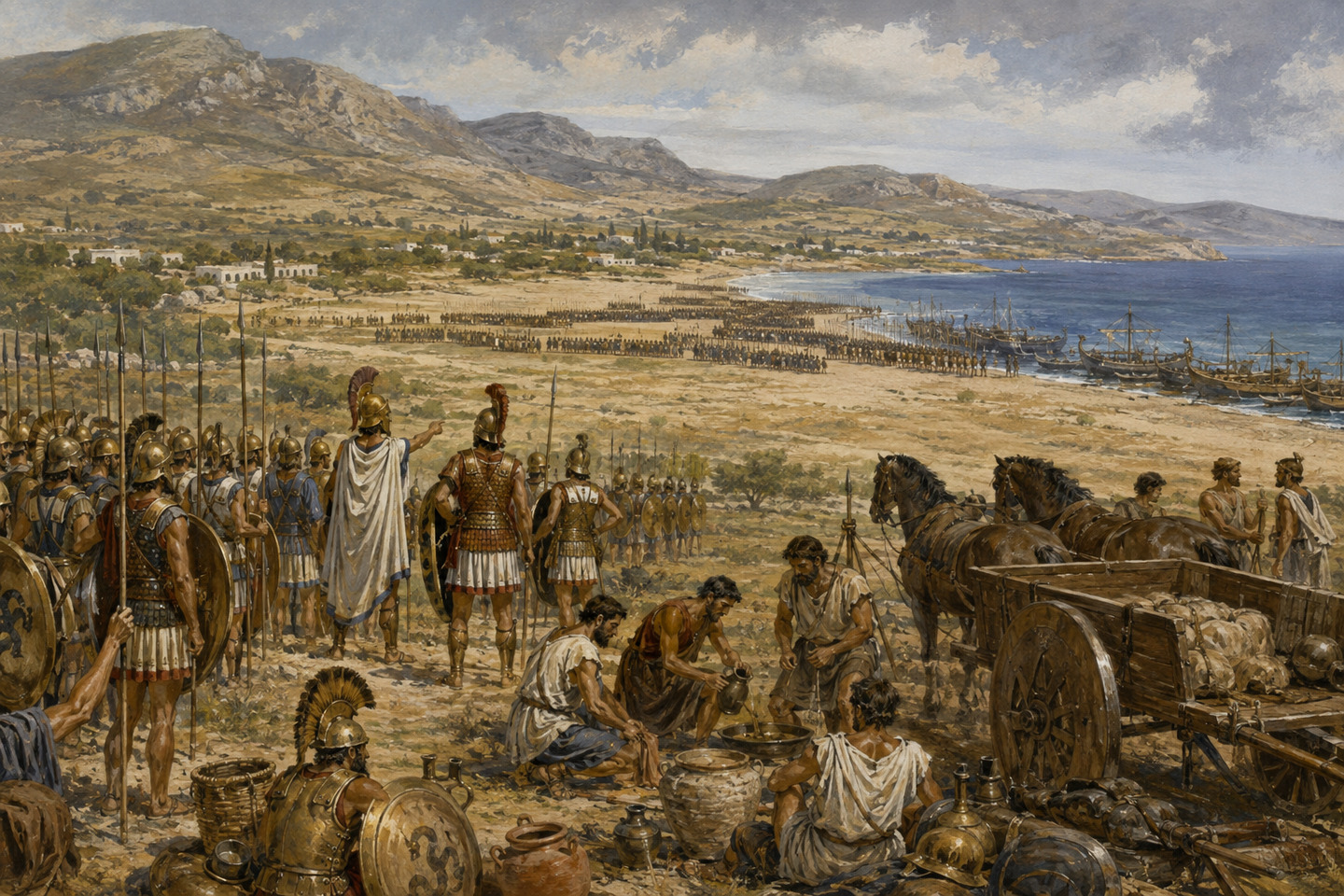 Historical reconstruction of Greek hoplites facing the Persian army on the coastal plain at Marathon