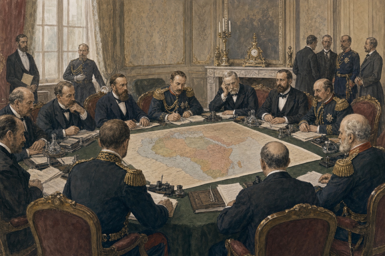 Illustrated reconstruction of late-nineteenth-century European diplomats gathered around a map of Africa
