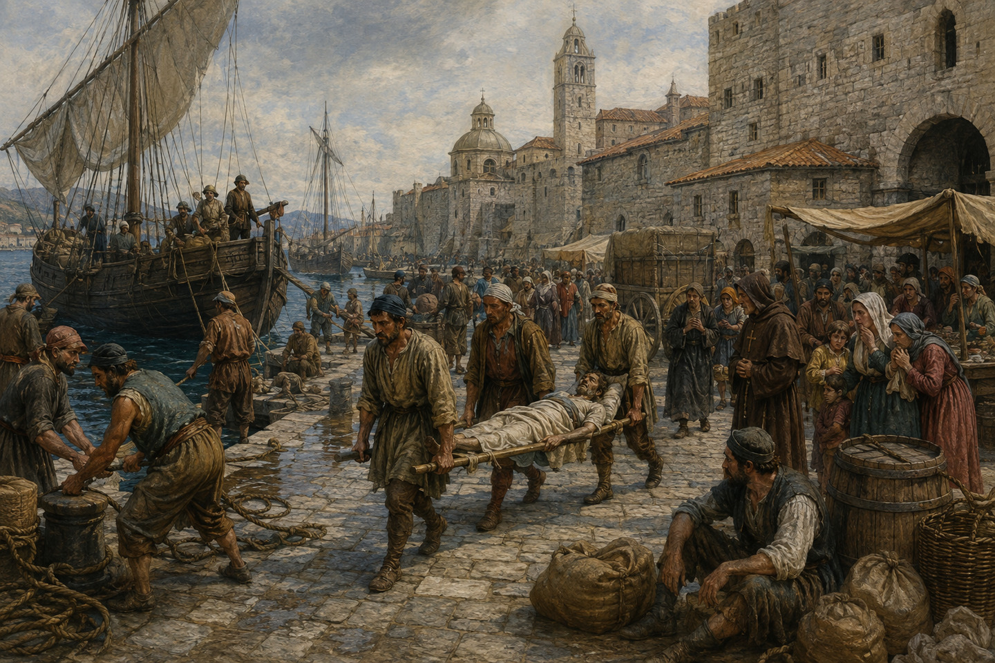 Historical reconstruction of sailors carrying an ill traveler ashore as townspeople and clergy watch at a Mediterranean port around 1347