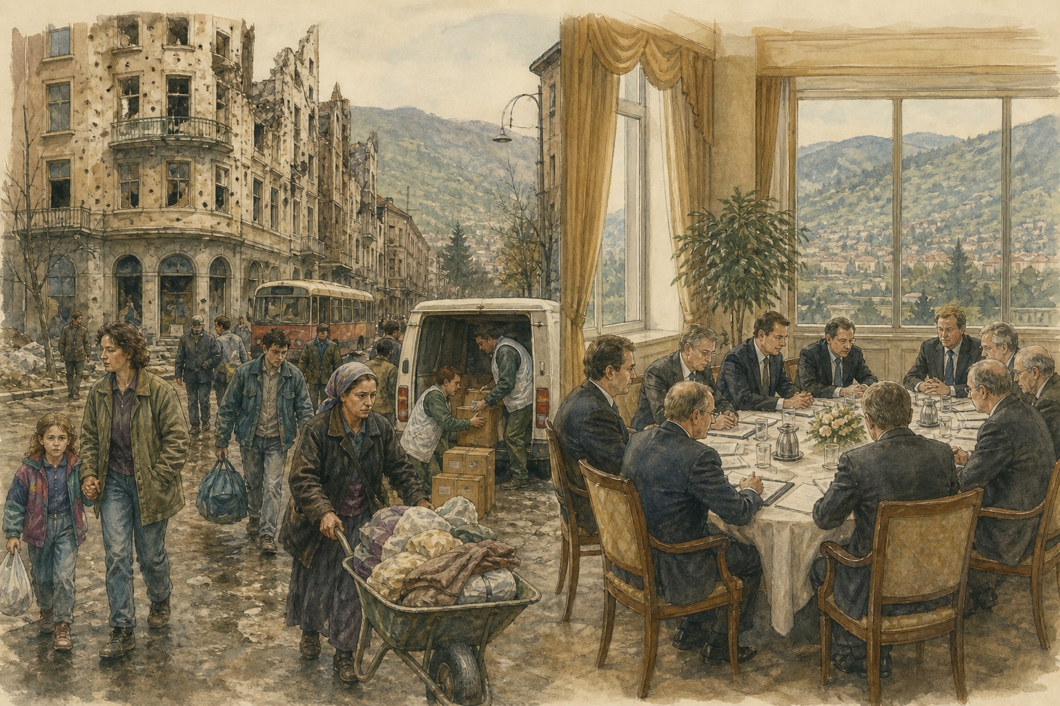 Illustrated reconstruction contrasting the siege of Sarajevo with the 1995 Dayton peace negotiations