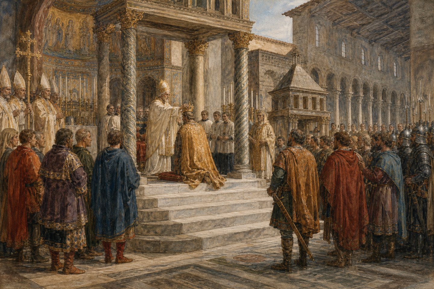 Historical reconstruction of the pope crowning Charlemagne inside a basilica in Rome