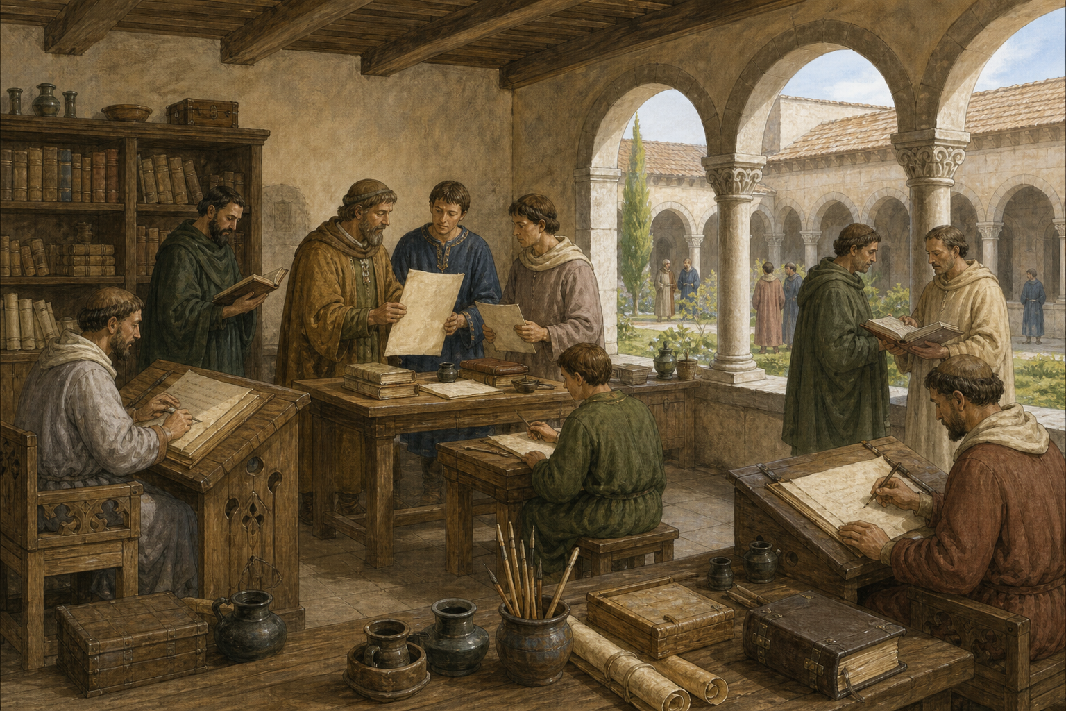 Reconstruction of learning, manuscript work, and courtly institutions during the Carolingian Renaissance