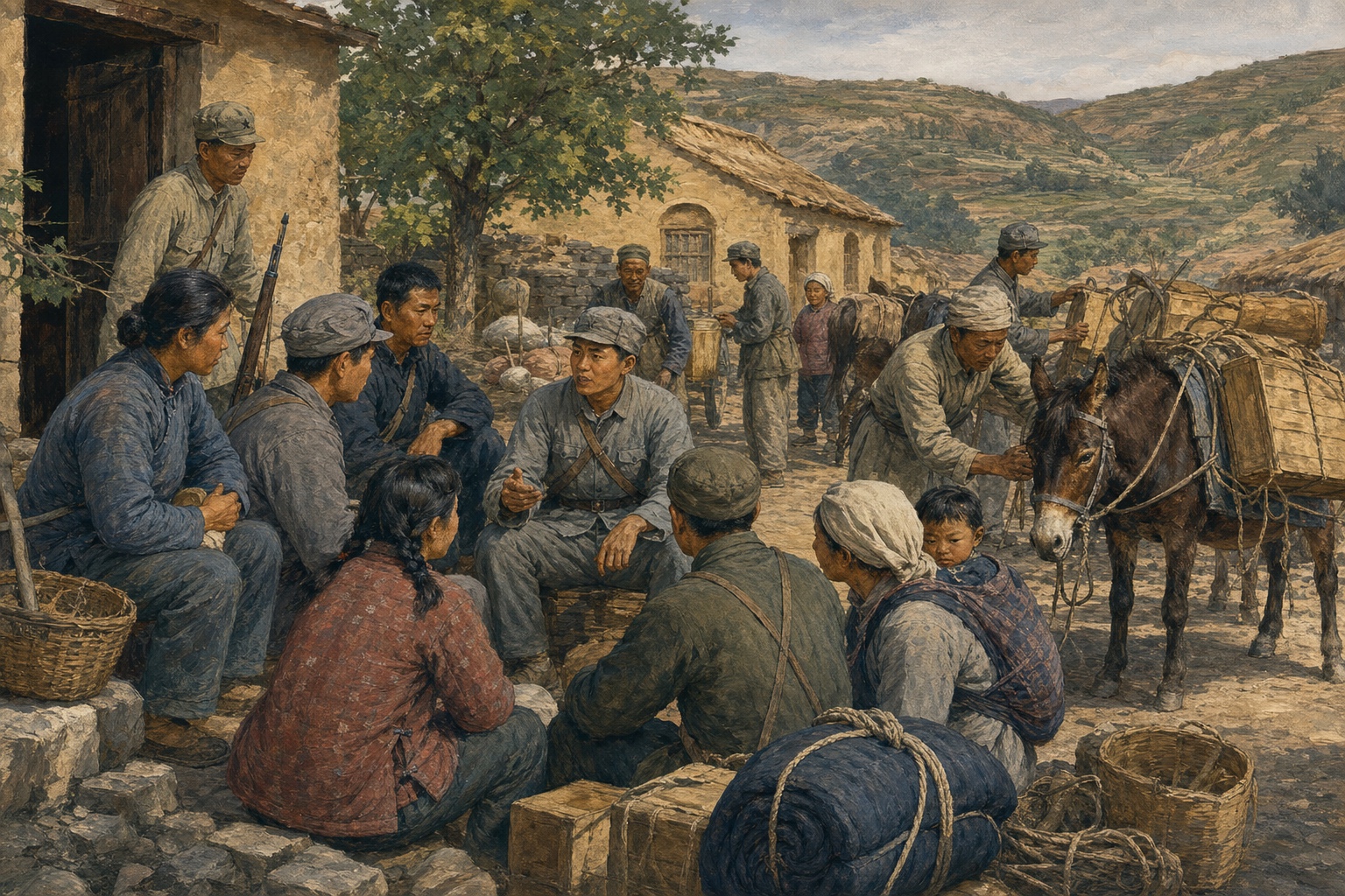 Illustrated reconstruction of villagers and soldiers organizing supplies in a northern Chinese courtyard