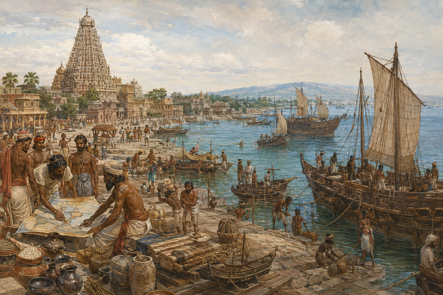 Historical reconstruction of Chola sailors, craftspeople, and merchants preparing ships at a southern Indian port