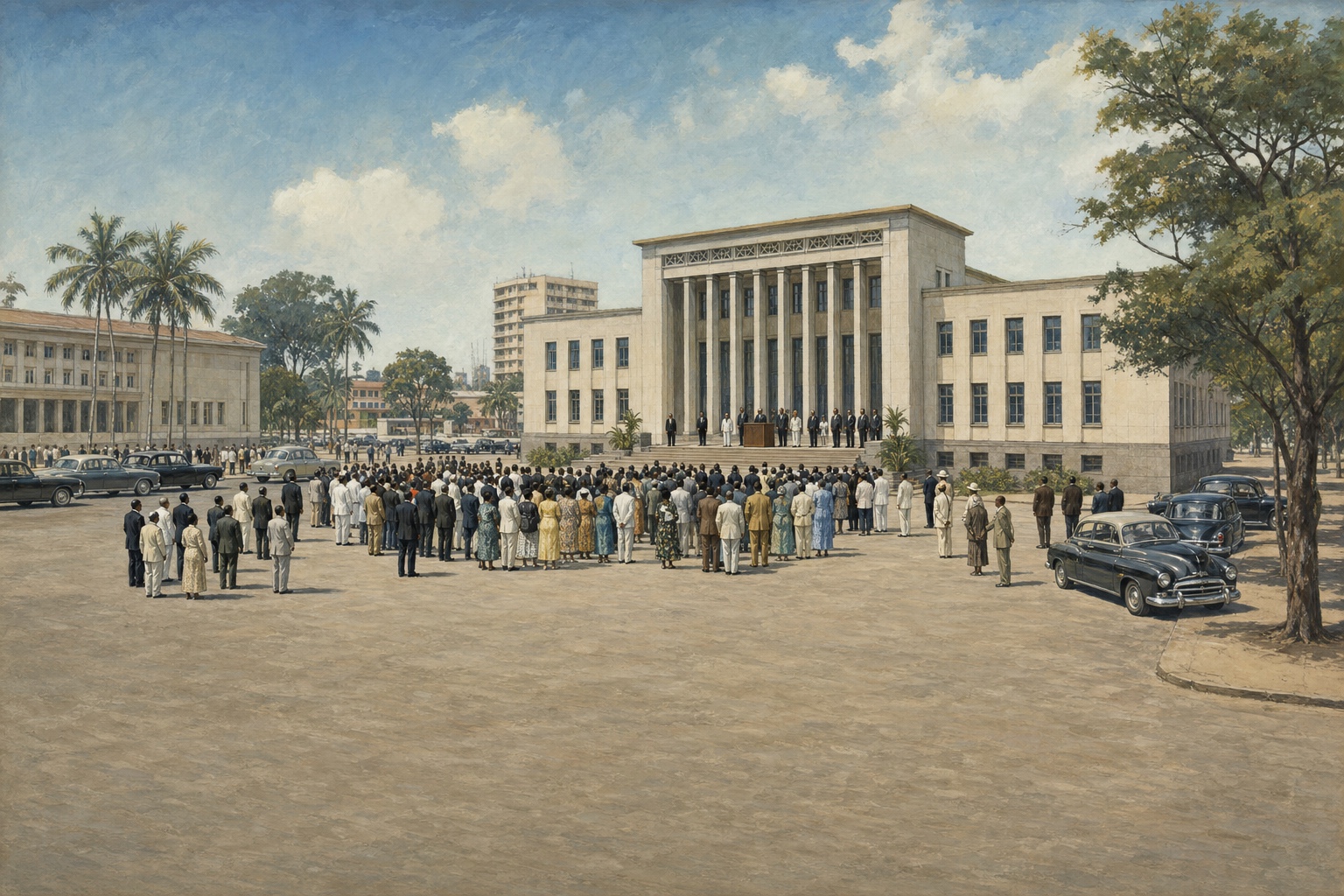 Illustrated reconstruction of a civic crowd facing a ceremonial platform outside a government building in Léopoldville in 1960