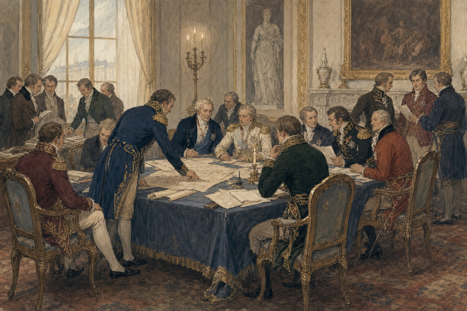 Illustrated reconstruction of diplomats negotiating around a long table covered with maps