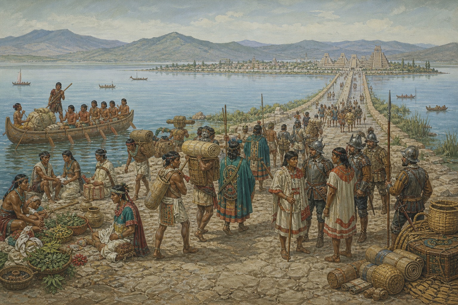 Reconstruction of Indigenous allies, Spanish forces, and the lake-city setting of the Aztec conquest