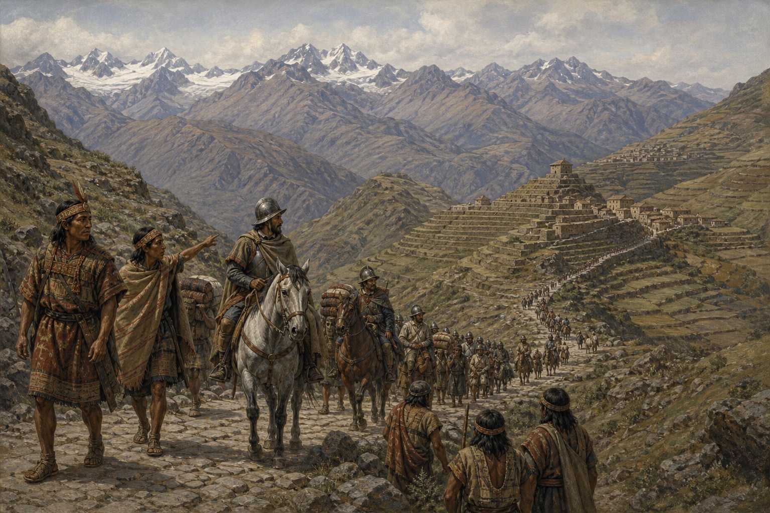 Reconstruction of Cajamarca, Andean roads, Indigenous alliances, Cusco, and Vilcabamba during the conquest of the Inca Empire