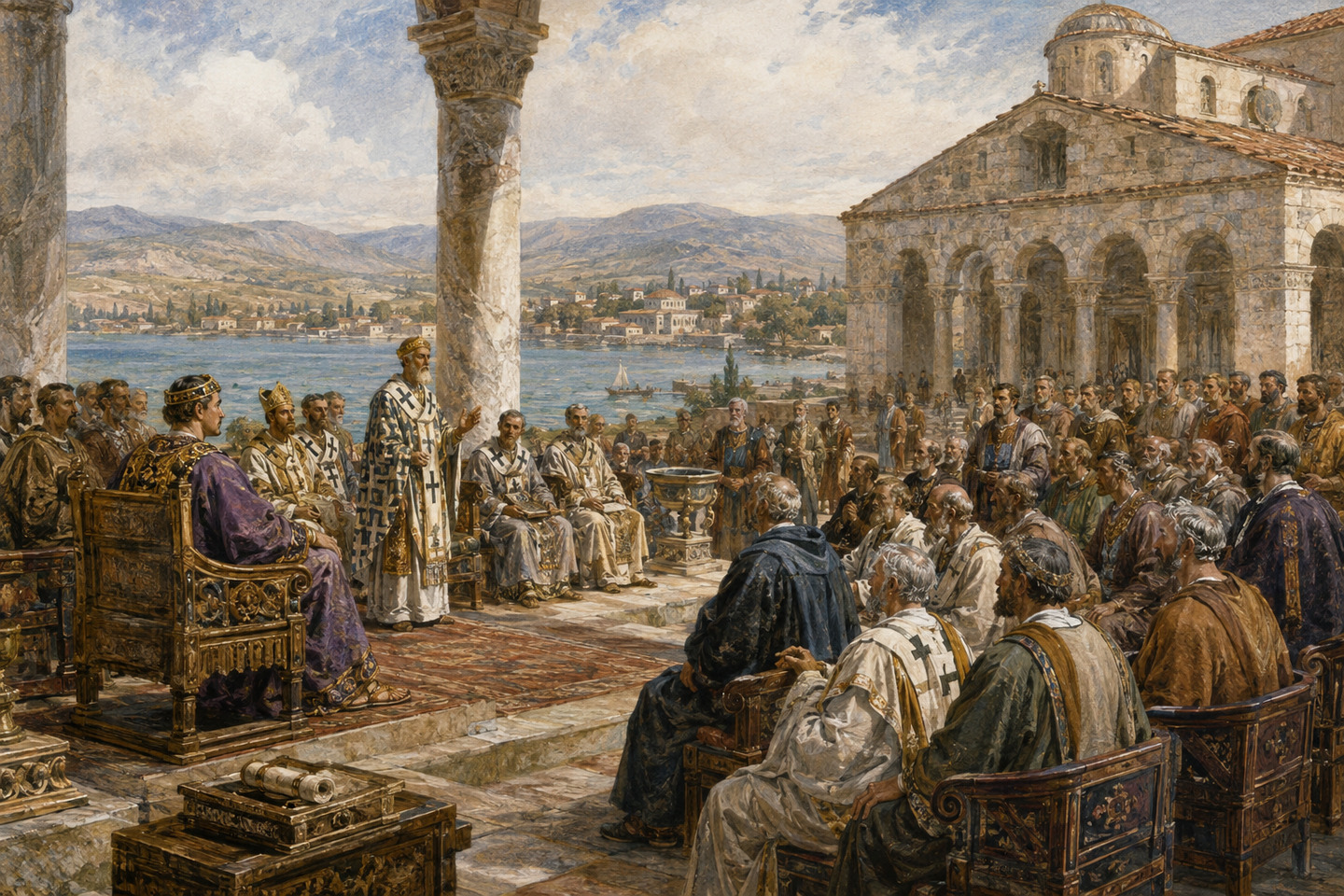 Historical reconstruction of bishops and imperial attendants convening in a courtyard at Nicaea