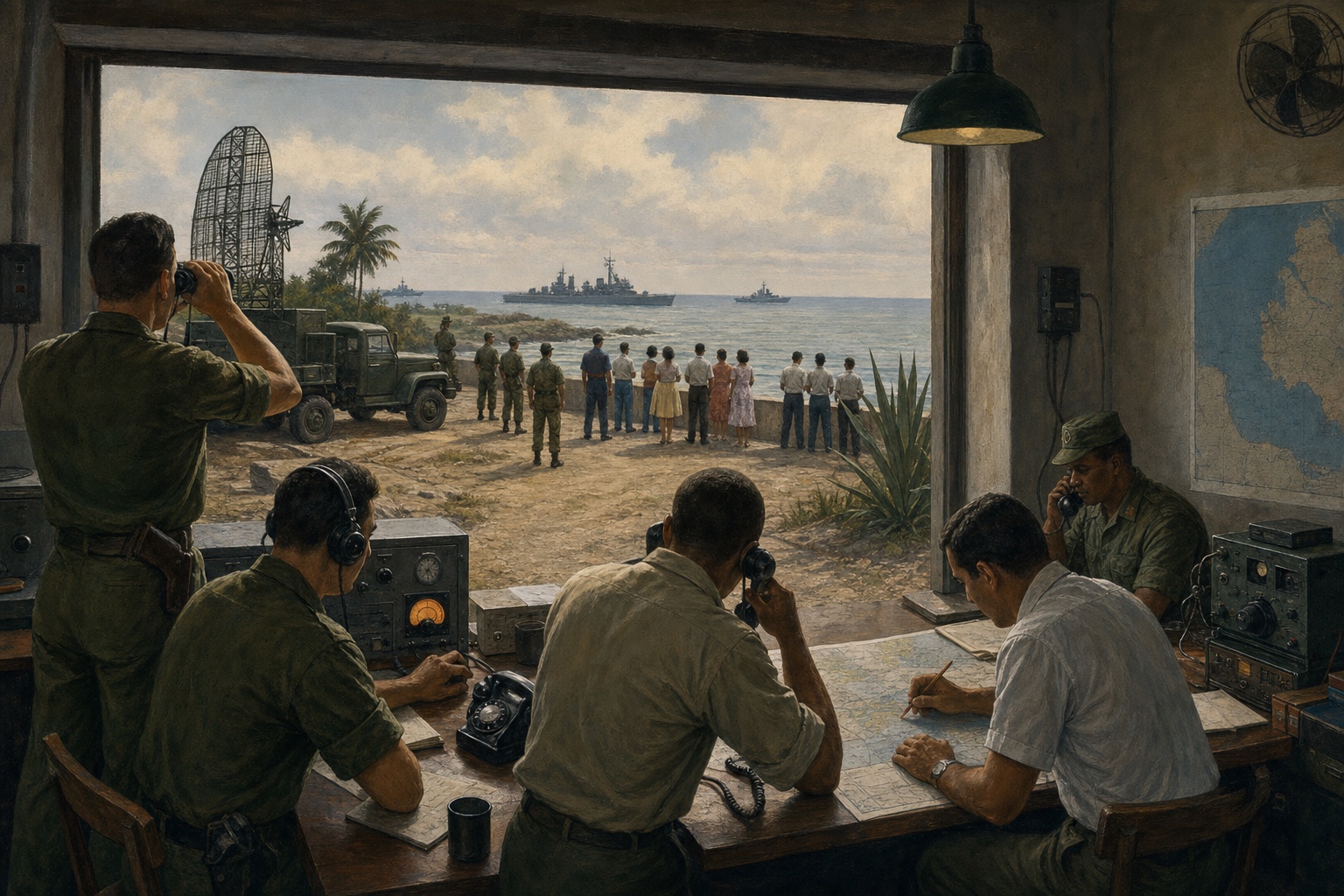 Illustrated reconstruction of communications staff watching ships off Cuba through an open command-room doorway