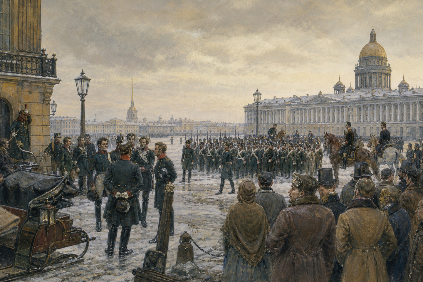 Historical reconstruction of officers and soldiers assembling in snowy Senate Square during the Decembrist Revolt