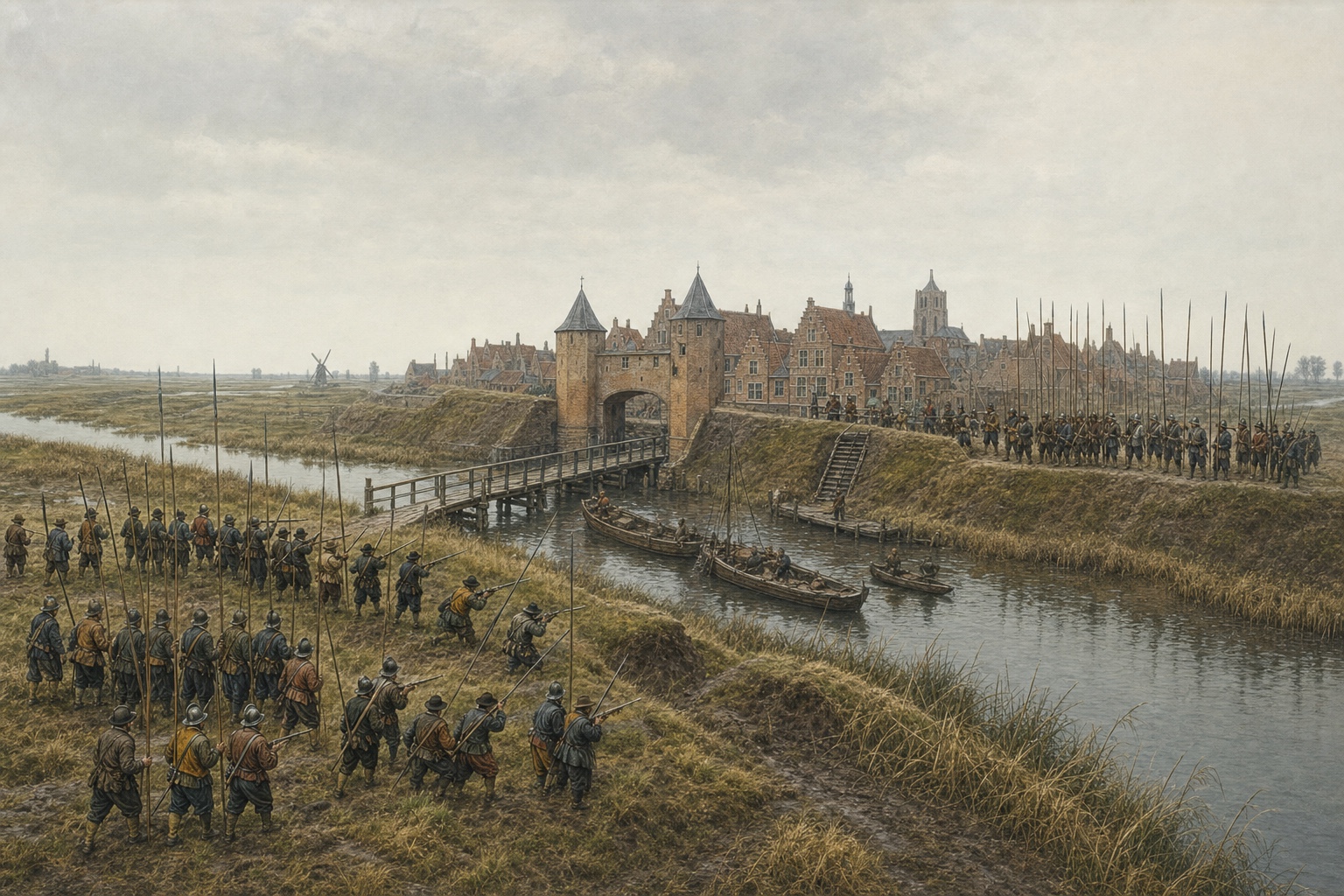 Dutch rebels and Spanish troops face each other across earthworks outside a canal town in the late-sixteenth-century Low Countries