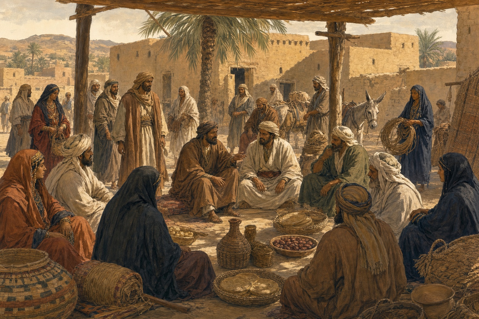 Illustrated reconstruction of a community sharing provisions in a mud-brick courtyard near Medina