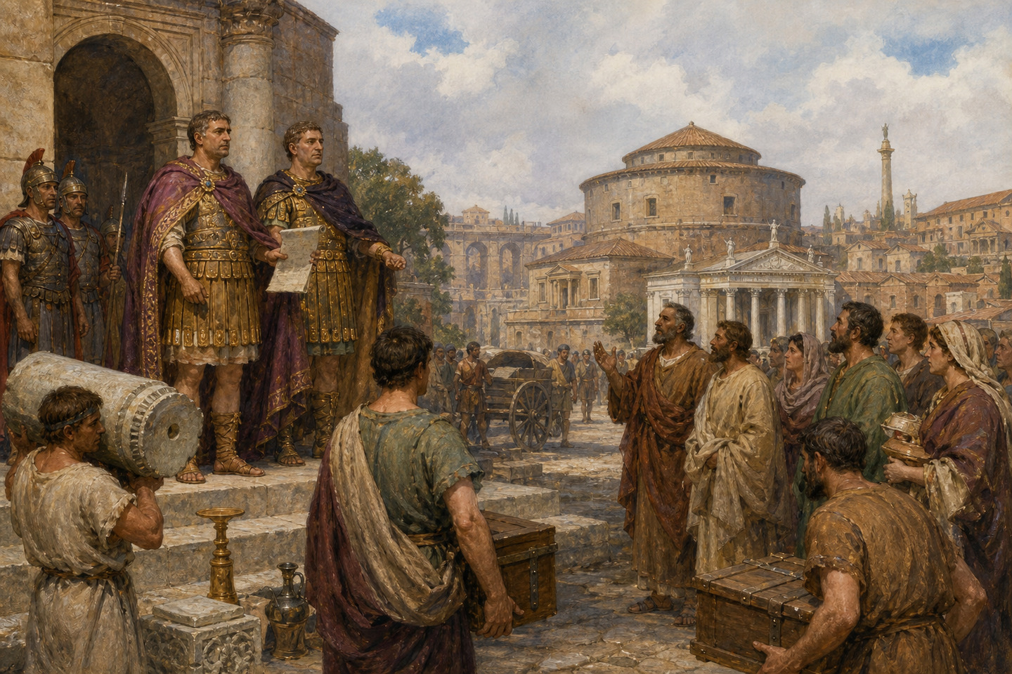 Historical reconstruction of imperial officials presenting the policy of religious toleration to citizens in a Roman city