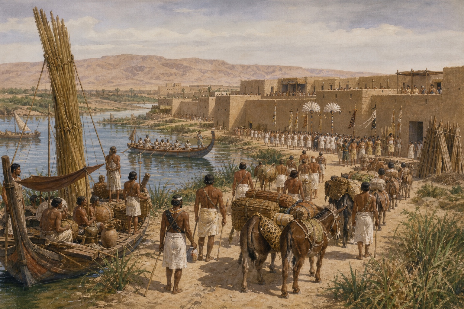Reconstruction of people and carts gathering from both banks of the Nile toward a royal center during Egypt’s unification
