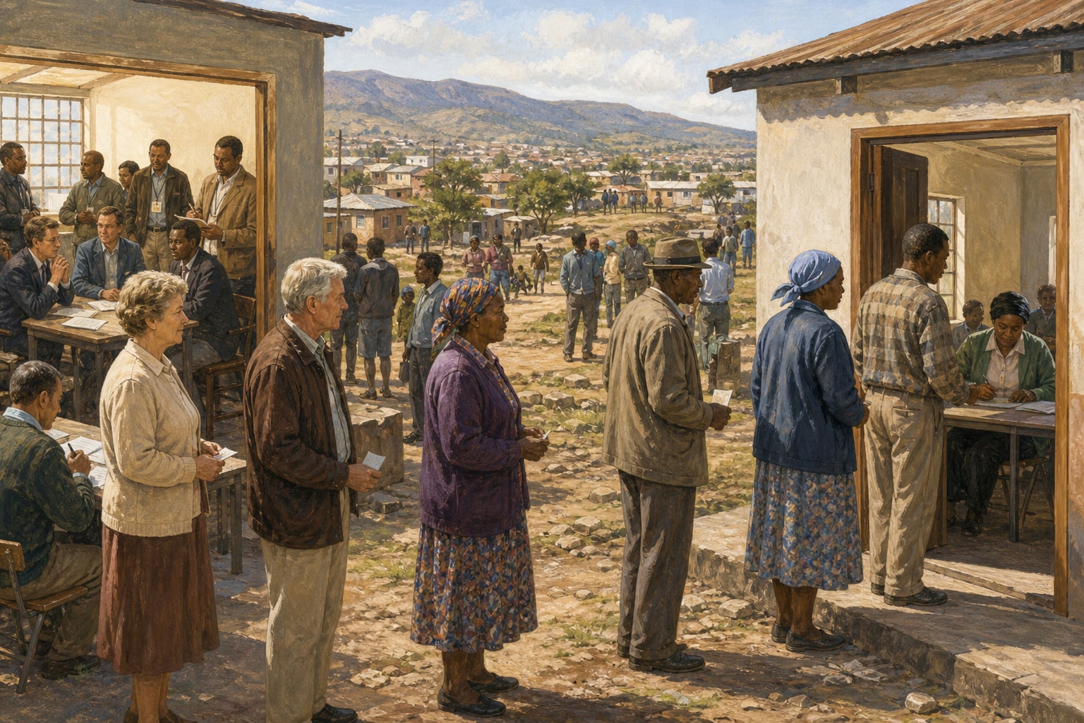 Illustrated reconstruction of citizens approaching a polling station and negotiators shaping South Africa’s transition in 1994