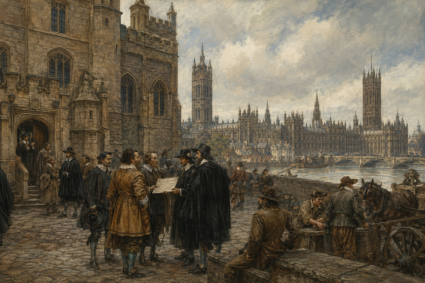 Historical reconstruction of lawmakers examining the Bill of Rights near Westminster