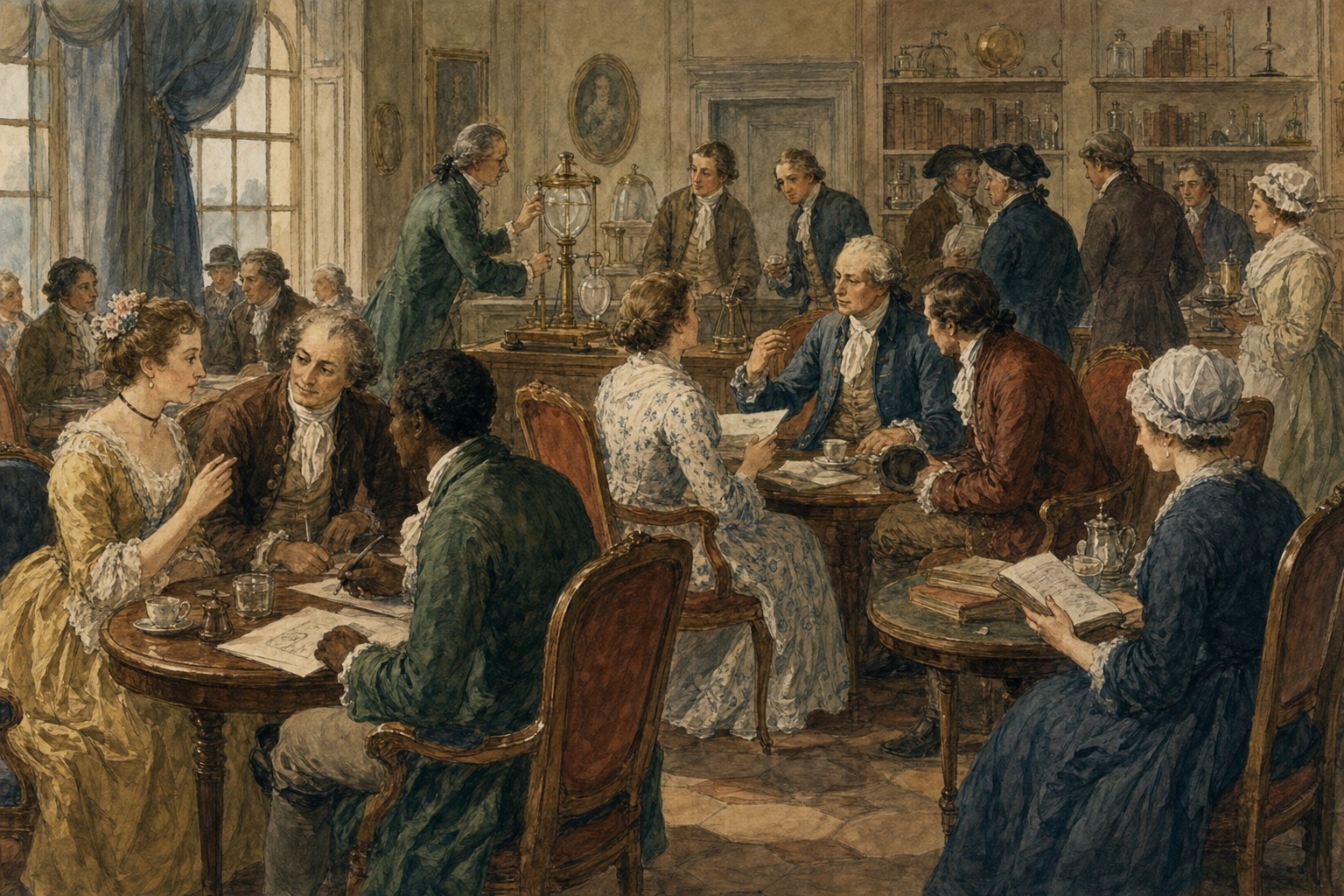 Illustrated reconstruction of women and men discussing experiments in an eighteenth-century salon