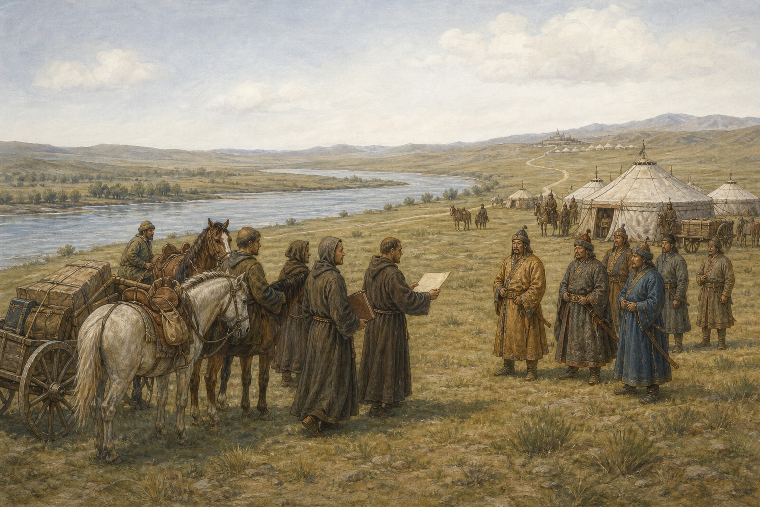 Reconstruction of Franciscan envoys and steppe guides traveling toward the Mongol court at Karakorum in the thirteenth century