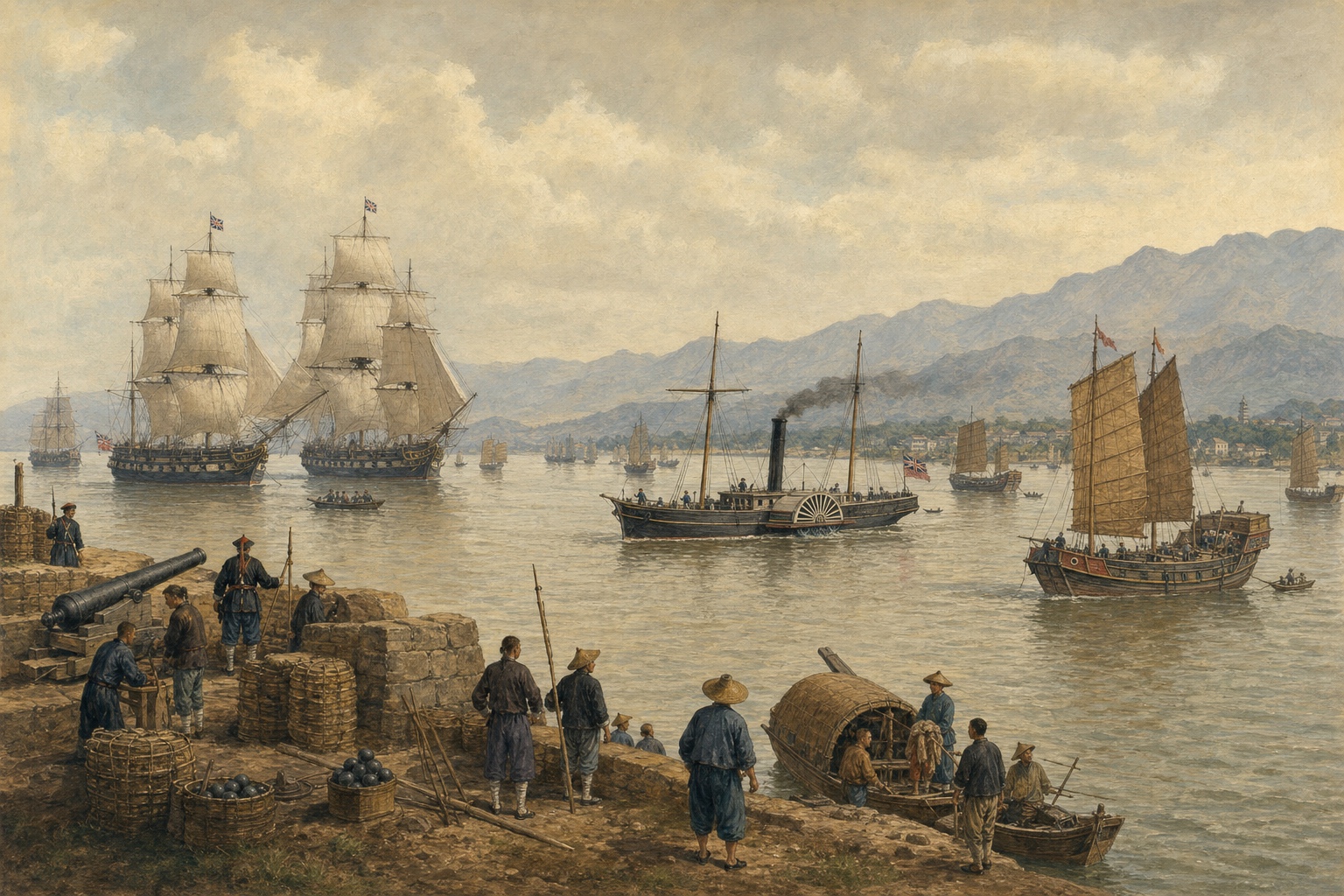 Illustrated reconstruction of Qing shore defenses and junks facing British warships in the Pearl River