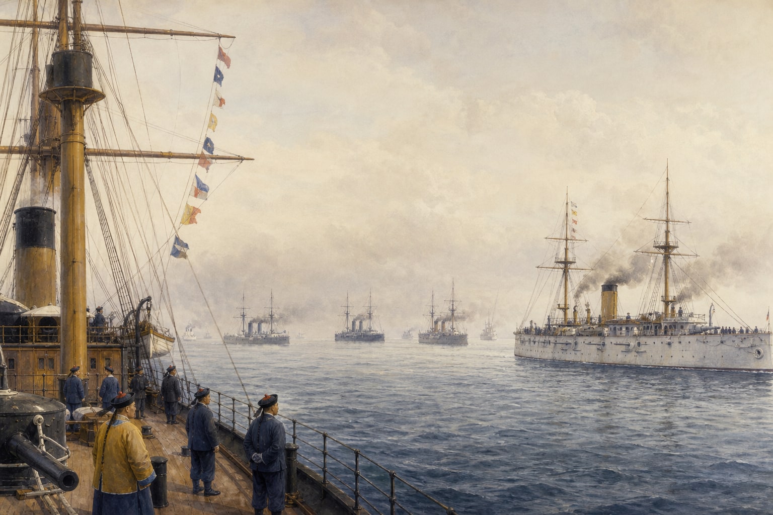 Illustrated reconstruction of Qing and Japanese fleets facing one another through gun smoke in the Yellow Sea in 1894