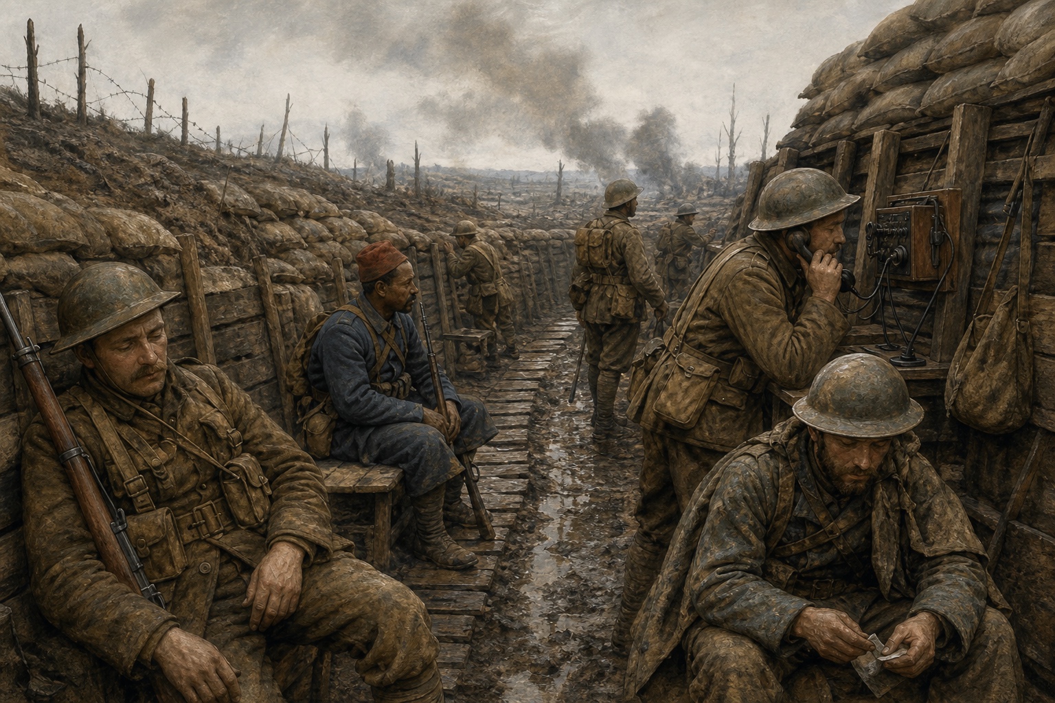 Illustrated reconstruction of exhausted soldiers waiting beside a field telephone in a muddy trench