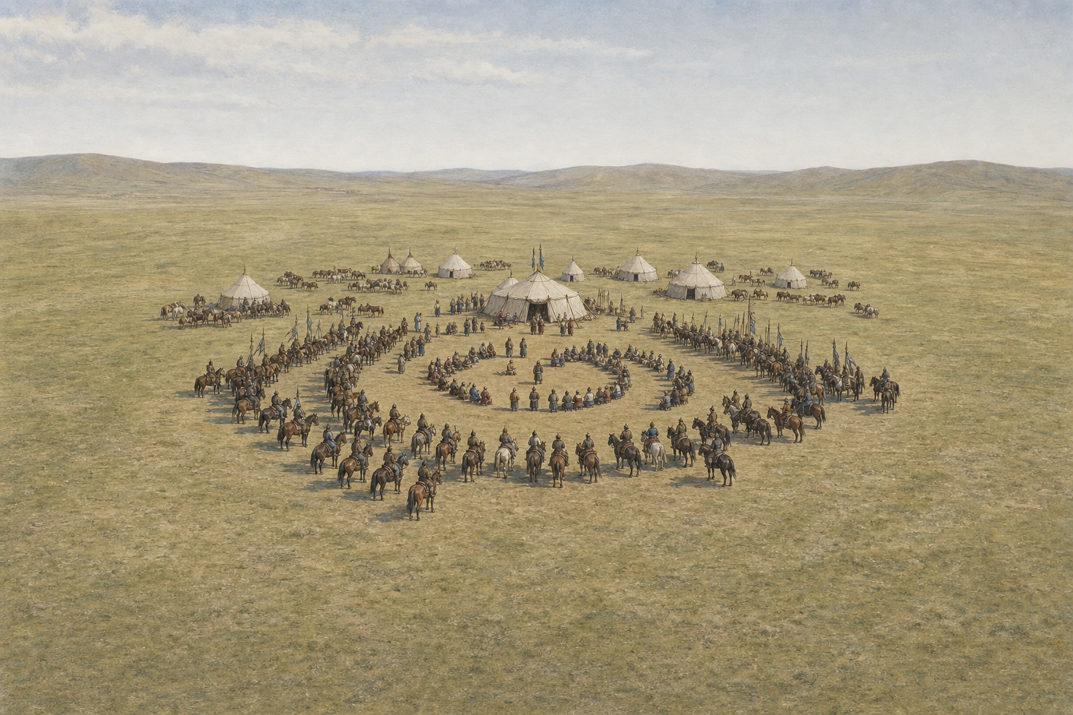 Leaders and mounted retainers gather before felt tents on the early-thirteenth-century steppe, representing imperial formation