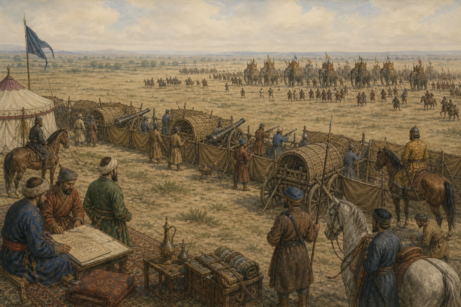 Reconstruction of Babur's artillery and cart defenses viewed from a distance near Panipat in 1526