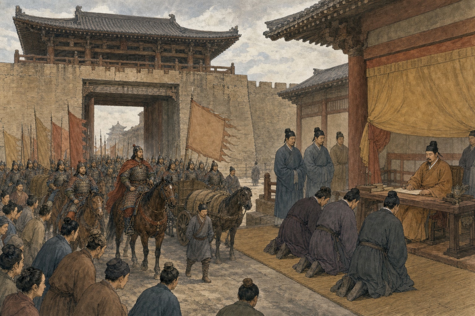 Illustrated reconstruction of Li Yuan's forces entering Chang'an and establishing a new court